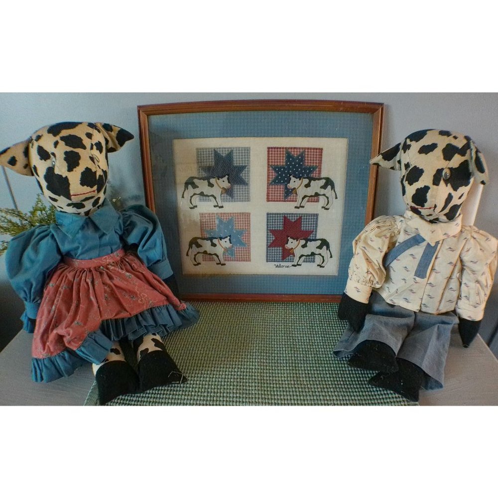 Vintage Valorie's Folk Art Applique Framed Pic and Set of Plush Cows.